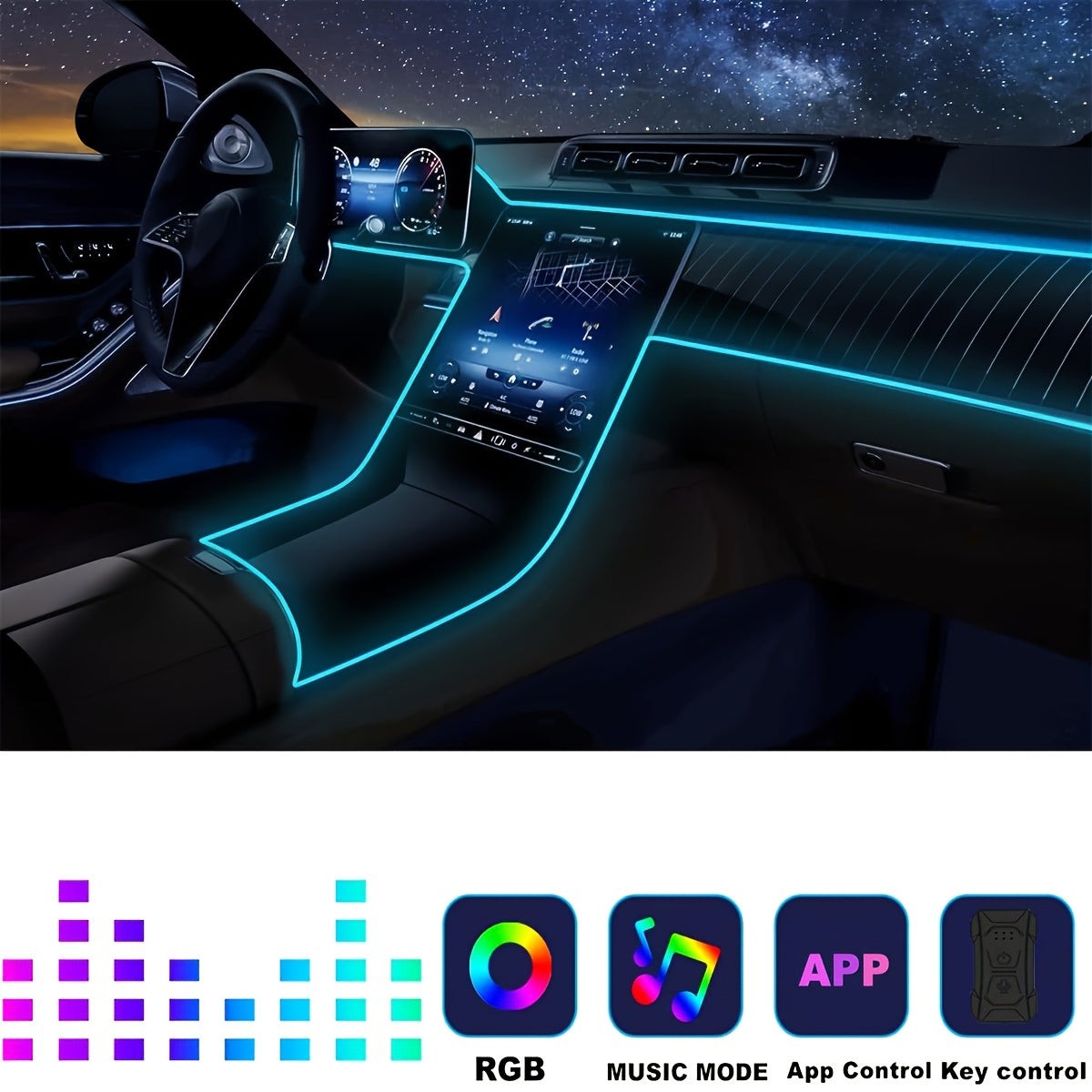 Car Interior LED Strip Lights, 5 Meter RGB USB Ambient LED Lighting Kit with App Control Fiber Optics & Music Sync Rhythm, for Car Door, Console & Dashboard