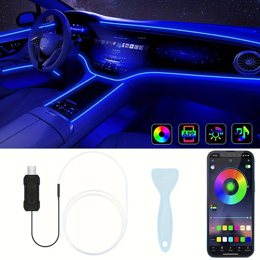 Car Interior LED Strip Lights, 5 Meter RGB USB Ambient LED Lighting Kit with App Control Fiber Optics & Music Sync Rhythm, for Car Door, Console & Dashboard