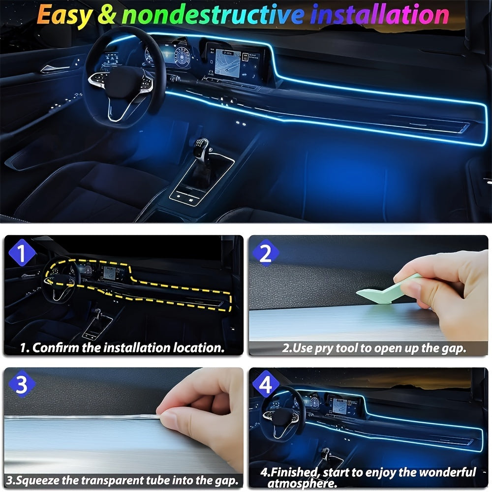 Car Interior LED Strip Lights, 5 Meter RGB USB Ambient LED Lighting Kit with App Control Fiber Optics & Music Sync Rhythm, for Car Door, Console & Dashboard