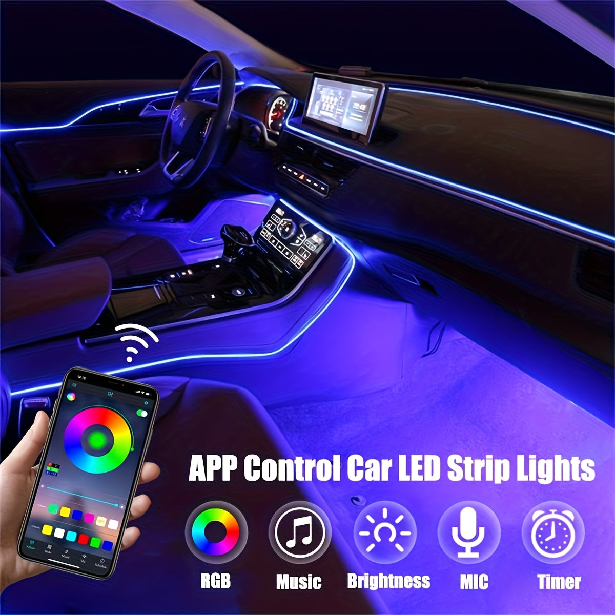 Car Interior LED Strip Lights, 5 Meter RGB USB Ambient LED Lighting Kit with App Control Fiber Optics & Music Sync Rhythm, for Car Door, Console & Dashboard