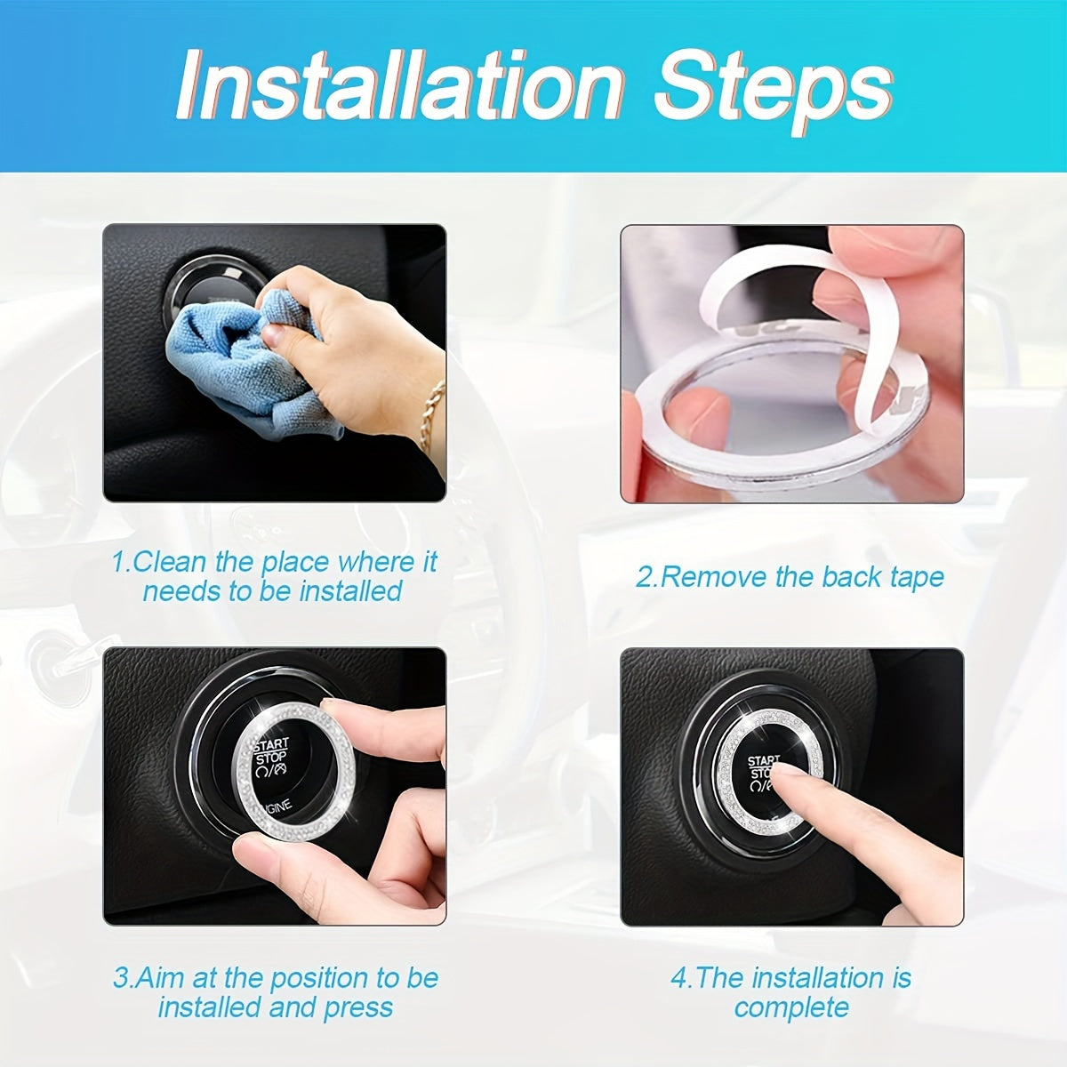 Car Push Start Button, Sparkling Car Interior Accessories for Women